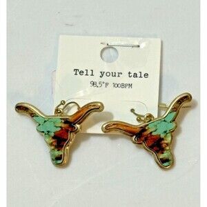Pair Of Western Longhorn Cow Head Pierced Dangle Earrings Gold-tone Fashion